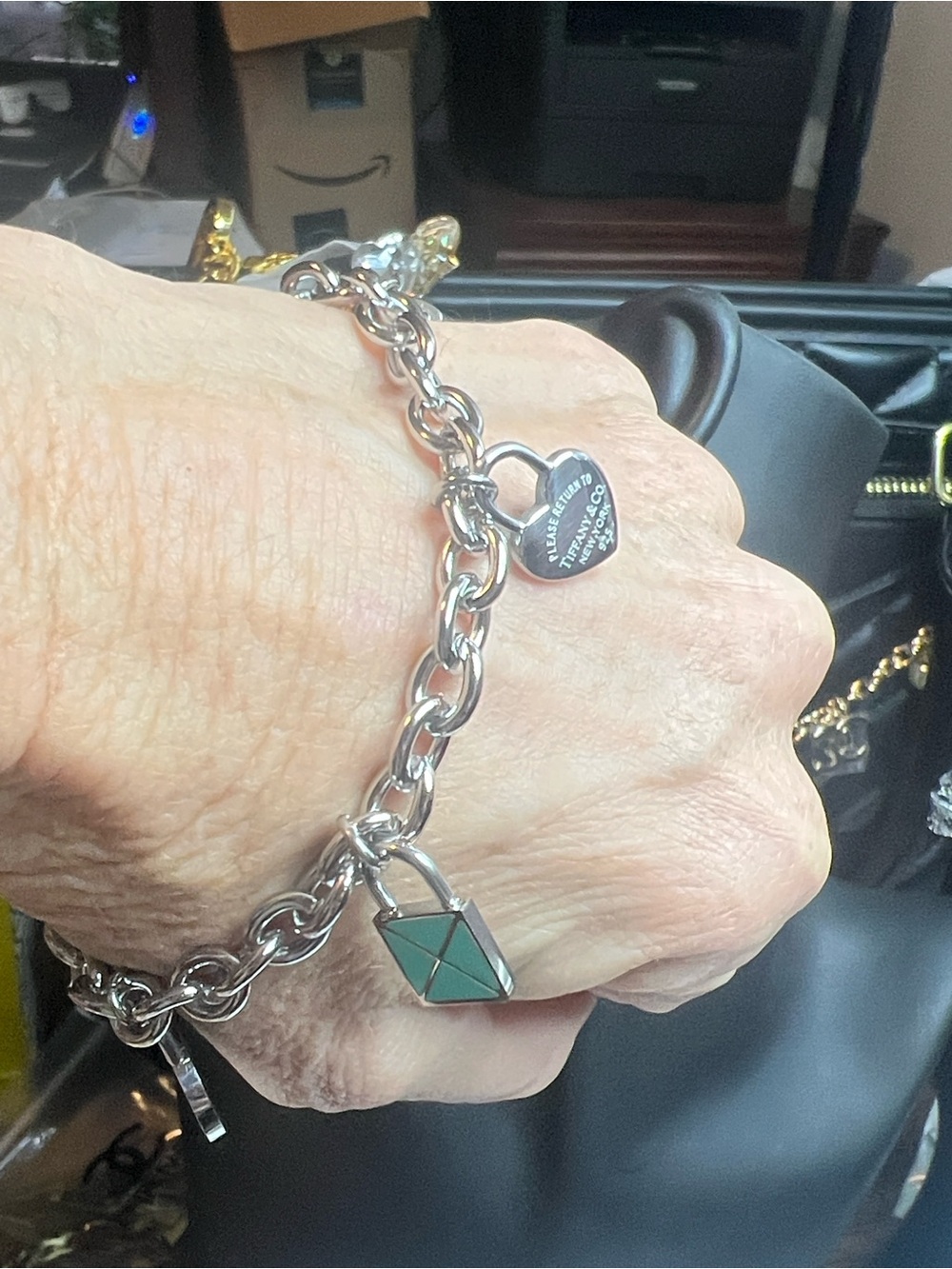 Up Cycled Silver Charm Bracelet with Teal Enamel Lock and Heart Tag 6 1/2 inches